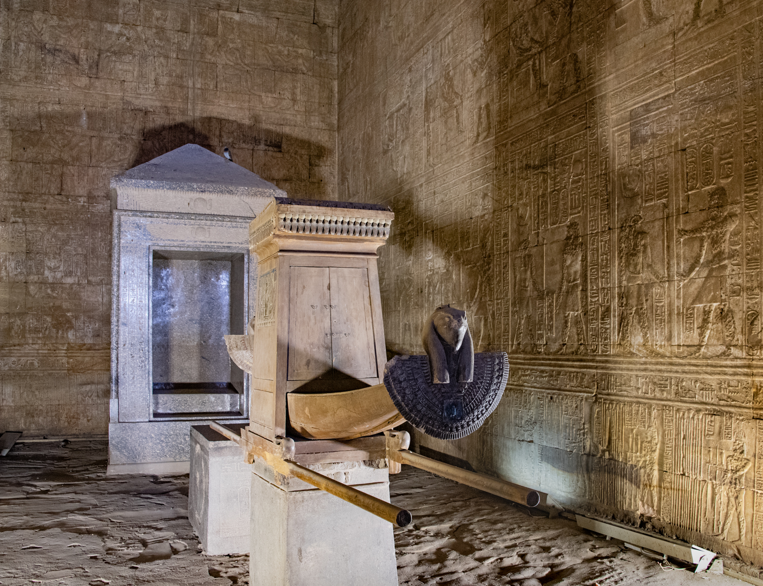 edfu-temple-edfu-egypt-photograph-11-inside-the-sanctuary-in-the-second-antechamber-at-the-center-of-the-temple-is-a-replica-of-the-wooden-barque-boat-in-which-horus-statue-would-be-take
